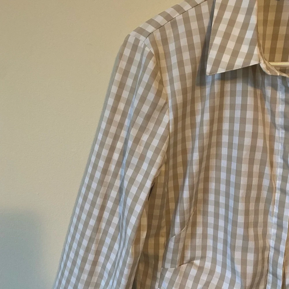 Lafayette 148 New York Beige Gingham Button Down Shirt - Picture 3 of 7